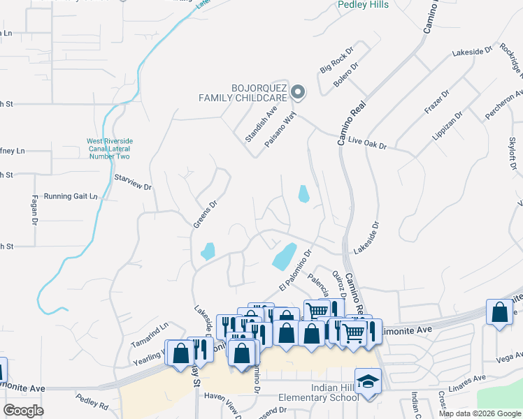 map of restaurants, bars, coffee shops, grocery stores, and more near 5763 Autumnwood Lane in Riverside