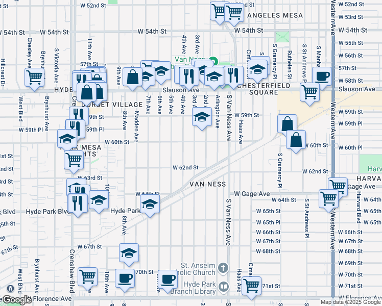 map of restaurants, bars, coffee shops, grocery stores, and more near 6056 4th Avenue in Los Angeles