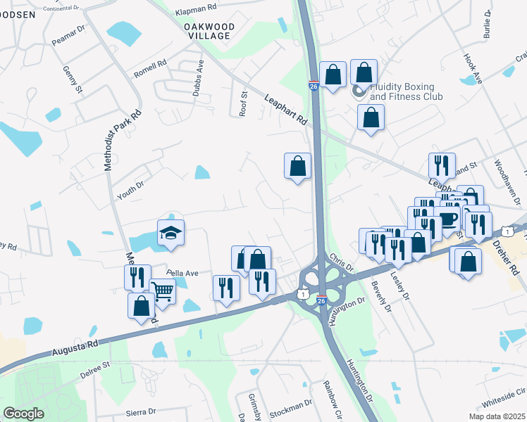 map of restaurants, bars, coffee shops, grocery stores, and more near 163 Derby Drive in West Columbia