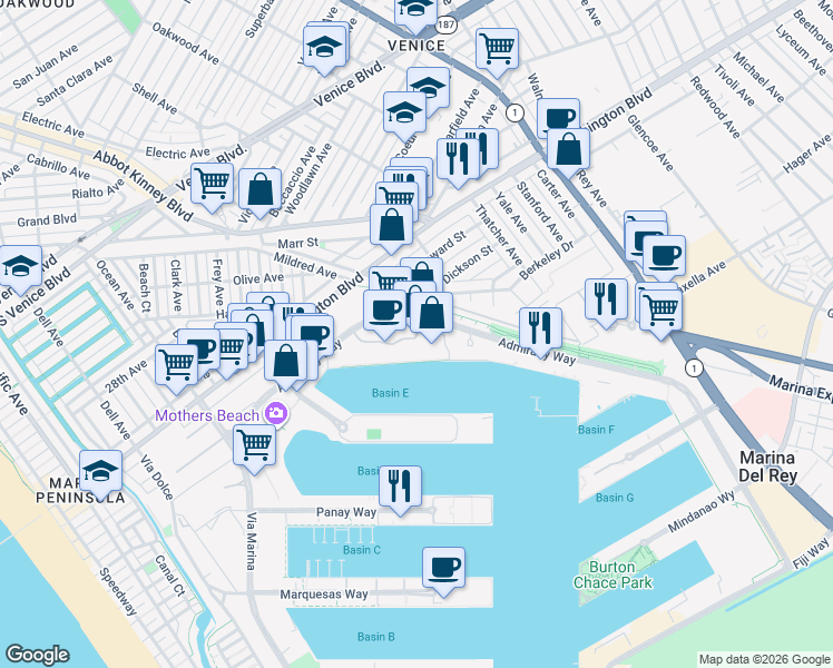 map of restaurants, bars, coffee shops, grocery stores, and more near 4335 Marina City Drive in Marina del Rey