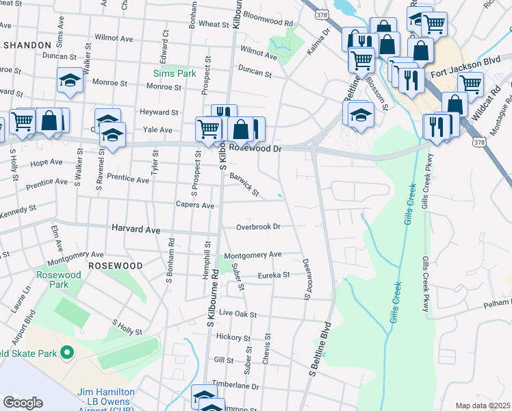 map of restaurants, bars, coffee shops, grocery stores, and more near 3850 Capers Avenue in Columbia