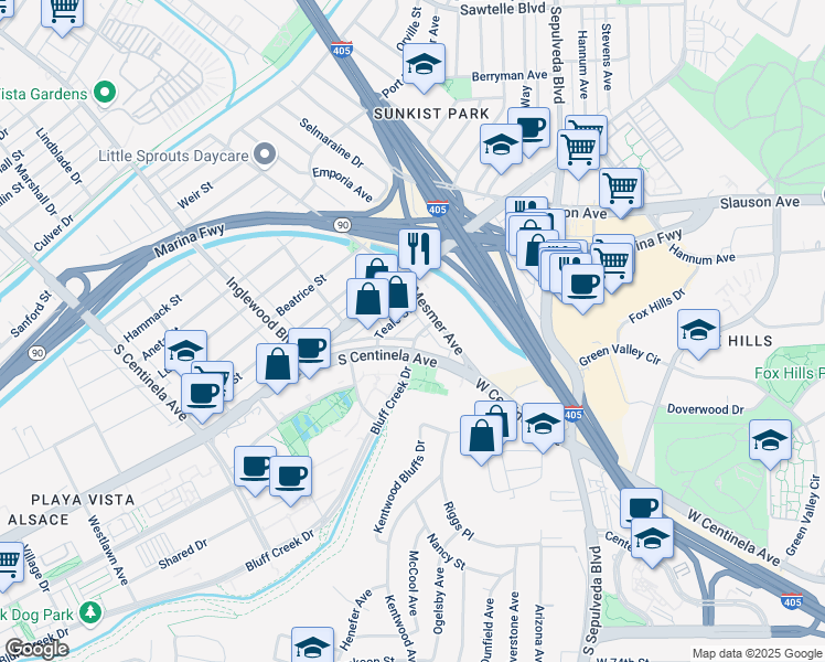 map of restaurants, bars, coffee shops, grocery stores, and more near 6822 South Centinela Avenue in Los Angeles