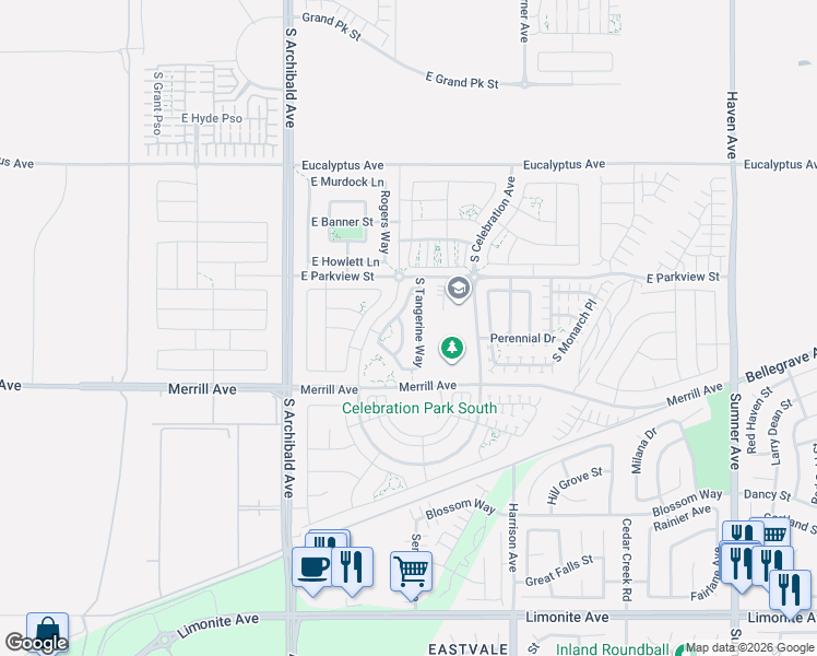 map of restaurants, bars, coffee shops, grocery stores, and more near 4877 South Avocado Trail in Ontario