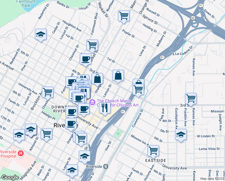 map of restaurants, bars, coffee shops, grocery stores, and more near 3449 4th Street in Riverside