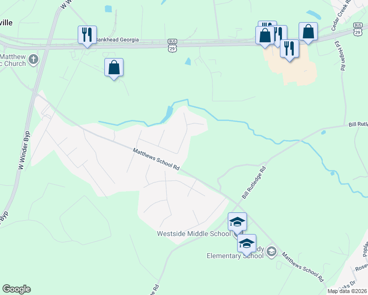 map of restaurants, bars, coffee shops, grocery stores, and more near 367 Glenmoor Place in Winder