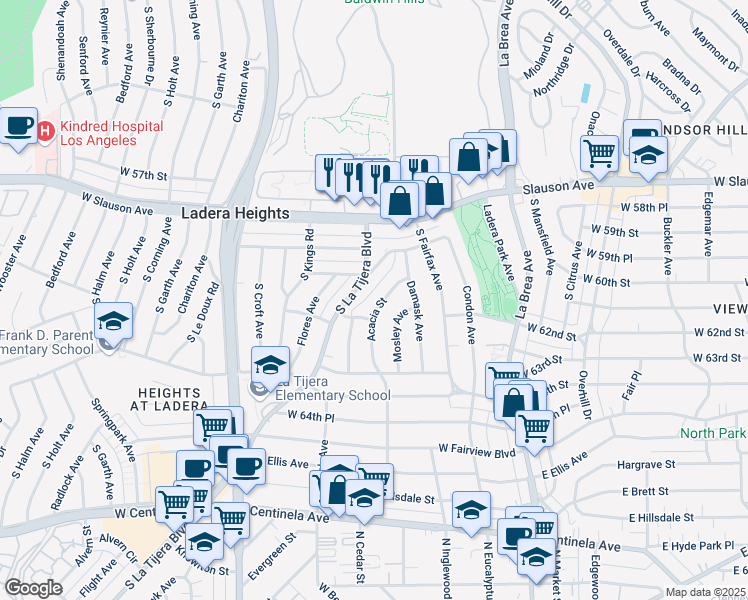 map of restaurants, bars, coffee shops, grocery stores, and more near 6200 Morley Avenue in Los Angeles