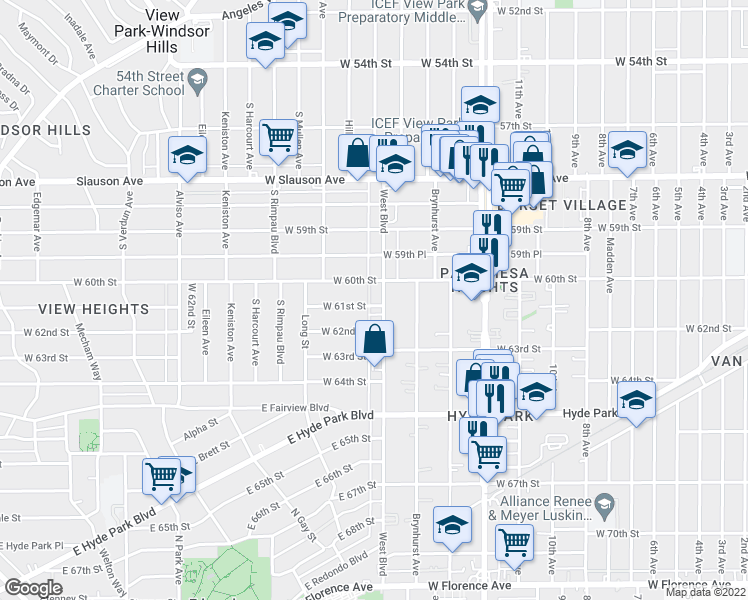 map of restaurants, bars, coffee shops, grocery stores, and more near 6110 West Boulevard in Los Angeles
