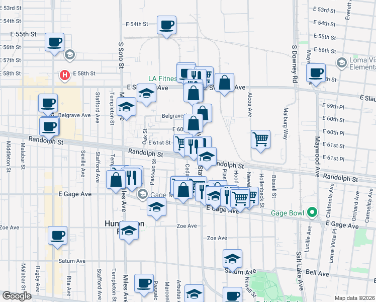 map of restaurants, bars, coffee shops, grocery stores, and more near 3063 Randolph Street in Huntington Park