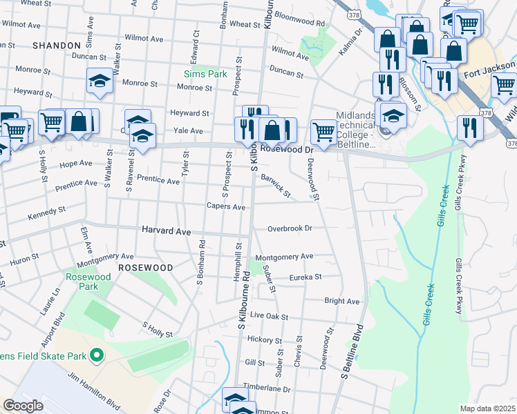 map of restaurants, bars, coffee shops, grocery stores, and more near 3819 Overbrook Drive in Columbia