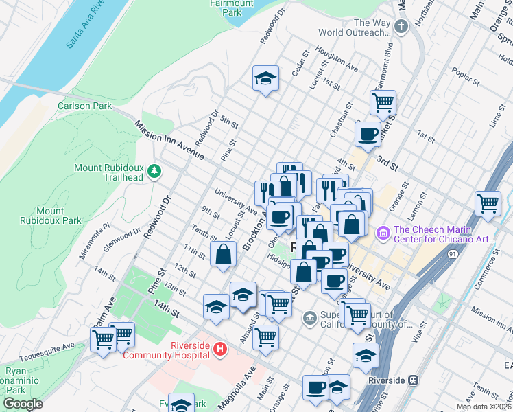 map of restaurants, bars, coffee shops, grocery stores, and more near 4161 University Avenue in Riverside