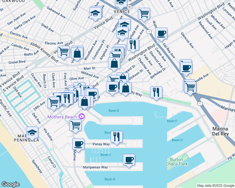 map of restaurants, bars, coffee shops, grocery stores, and more near 4316 Marina City Drive in Marina del Rey