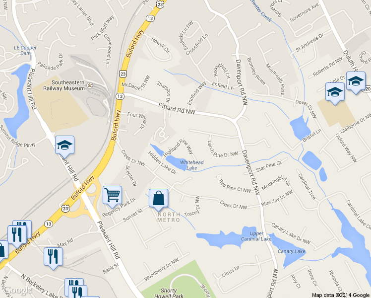 map of restaurants, bars, coffee shops, grocery stores, and more near 3426 Highland Pine Way in Duluth