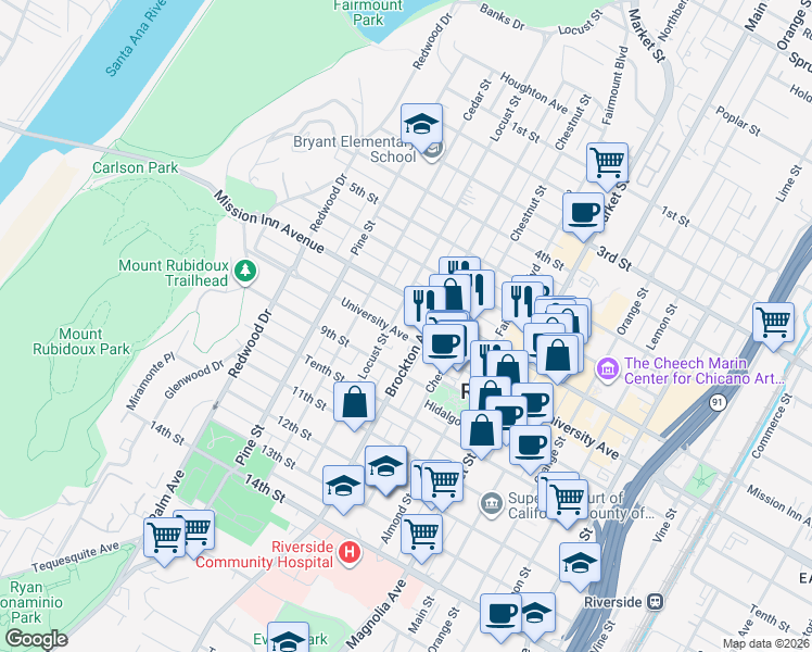 map of restaurants, bars, coffee shops, grocery stores, and more near in Riverside