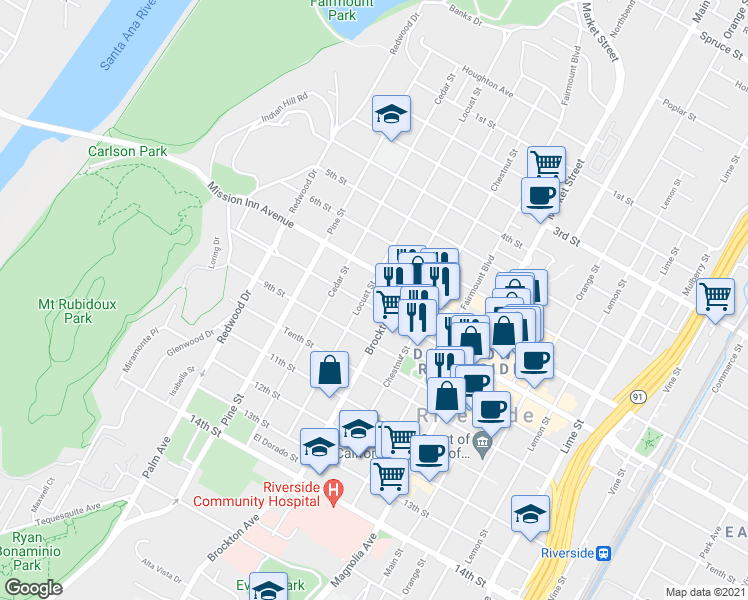 map of restaurants, bars, coffee shops, grocery stores, and more near in Riverside