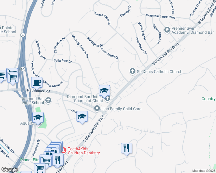 map of restaurants, bars, coffee shops, grocery stores, and more near 2348 Canyon Park Drive in Diamond Bar