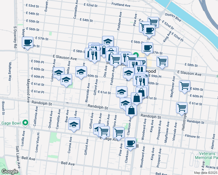 map of restaurants, bars, coffee shops, grocery stores, and more near 4216 East 61st Street in Huntington Park