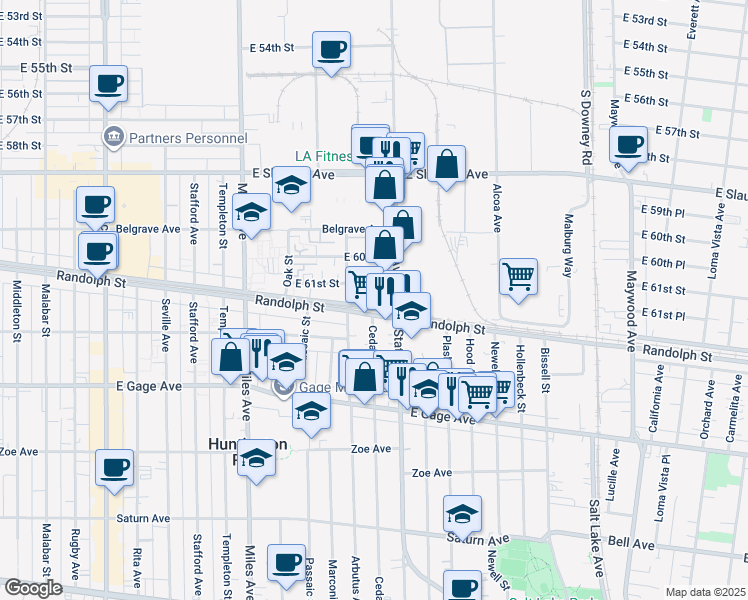 map of restaurants, bars, coffee shops, grocery stores, and more near 3062 Randolph Street in Huntington Park