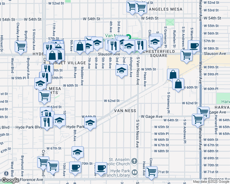 map of restaurants, bars, coffee shops, grocery stores, and more near 6056 4th Avenue in Los Angeles