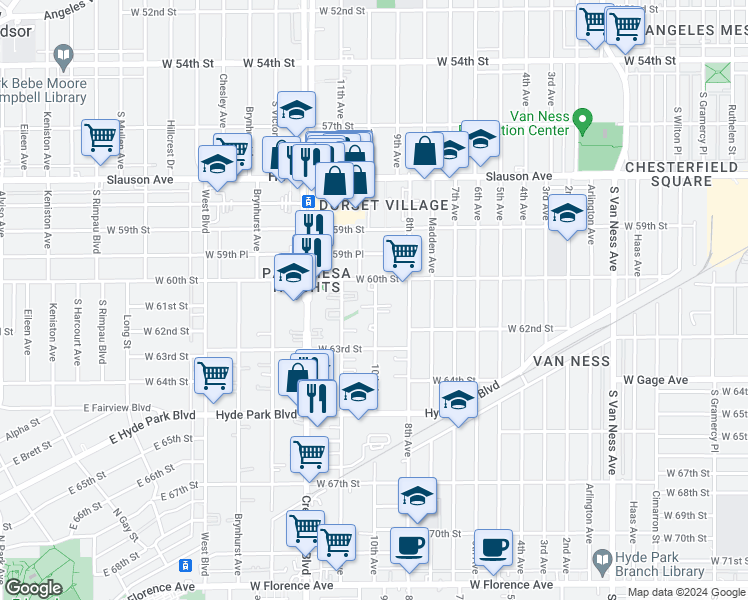 map of restaurants, bars, coffee shops, grocery stores, and more near 6122 10th Avenue in Los Angeles
