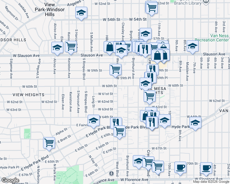 map of restaurants, bars, coffee shops, grocery stores, and more near 6110 West Boulevard in Los Angeles