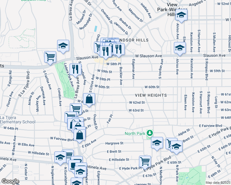 map of restaurants, bars, coffee shops, grocery stores, and more near 4436 West 61st Street in View Park-Windsor Hills