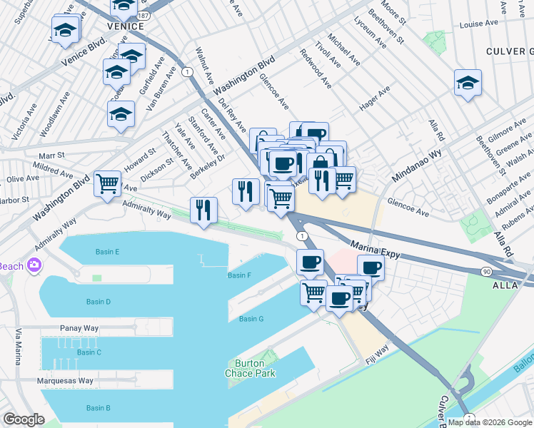map of restaurants, bars, coffee shops, grocery stores, and more near in Los Angeles