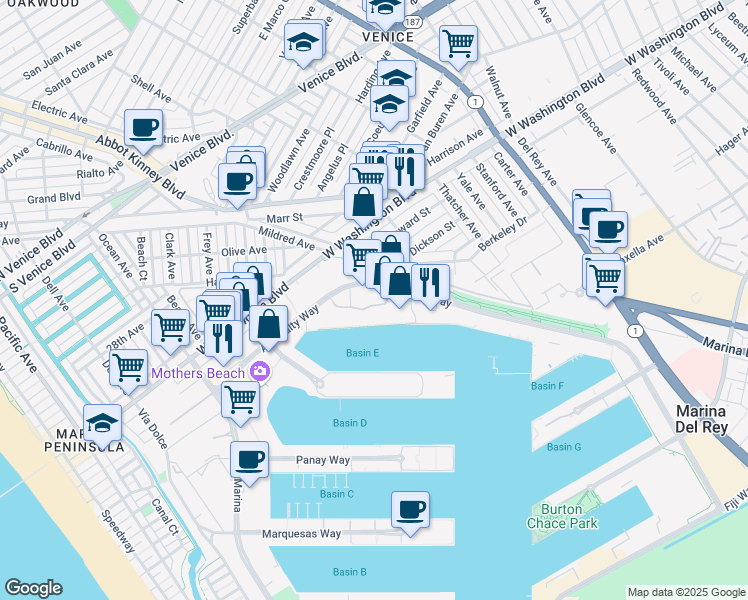 map of restaurants, bars, coffee shops, grocery stores, and more near 4300 Promenade Way in Marina del Rey