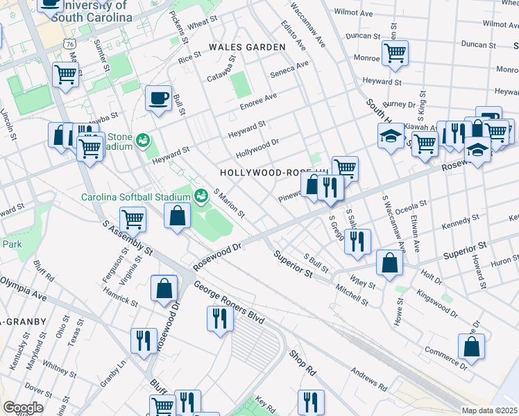 map of restaurants, bars, coffee shops, grocery stores, and more near 1404 Dreher Street in Columbia