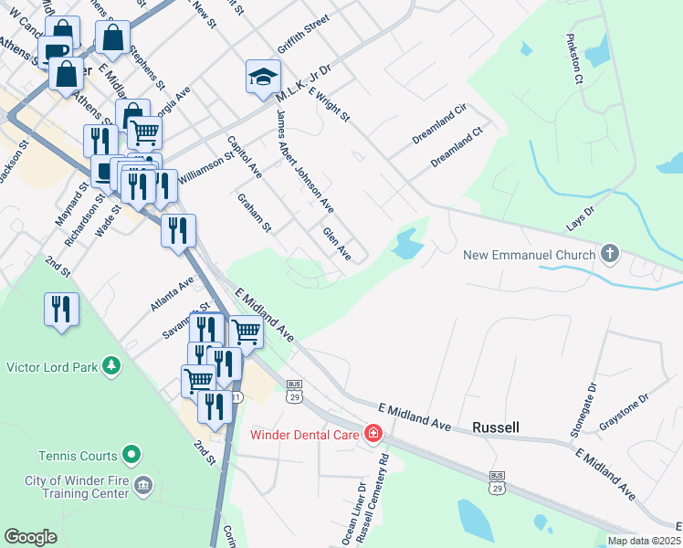 map of restaurants, bars, coffee shops, grocery stores, and more near 323 Tuggle Street in Winder
