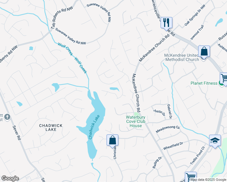 map of restaurants, bars, coffee shops, grocery stores, and more near 1647 Tunbridge Lane in Lawrenceville