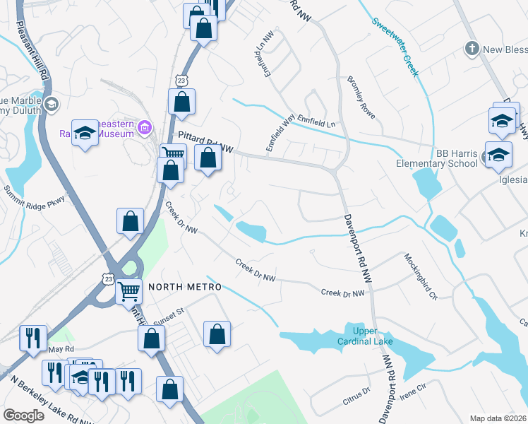 map of restaurants, bars, coffee shops, grocery stores, and more near 3426 Highland Pine Way in Duluth