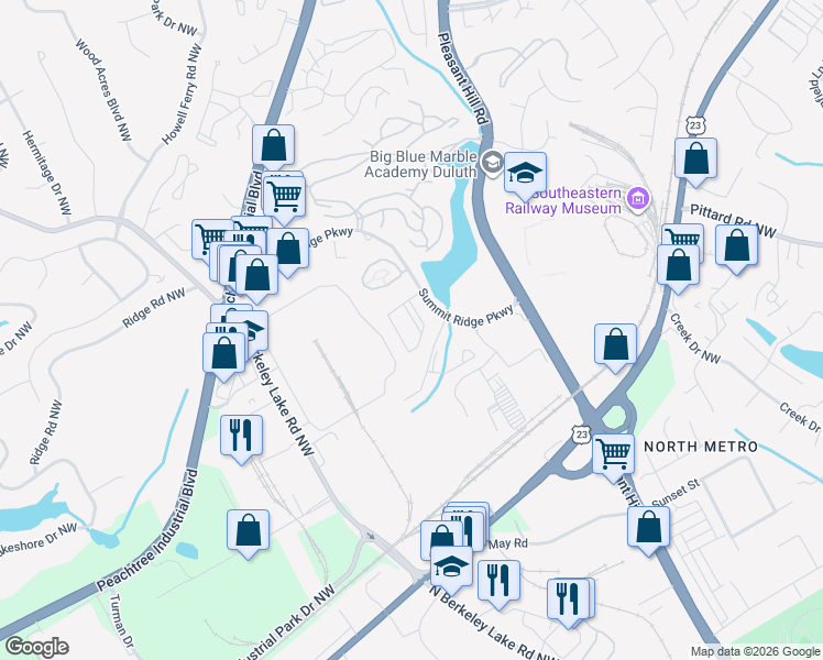 map of restaurants, bars, coffee shops, grocery stores, and more near 3296 Summit Ridge Parkway in Duluth