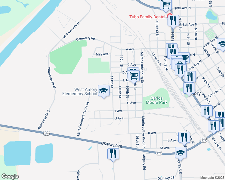 map of restaurants, bars, coffee shops, grocery stores, and more near 609 111th Street in Amory