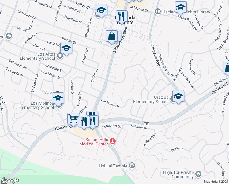 map of restaurants, bars, coffee shops, grocery stores, and more near 2838 Antisana Place in Hacienda Heights
