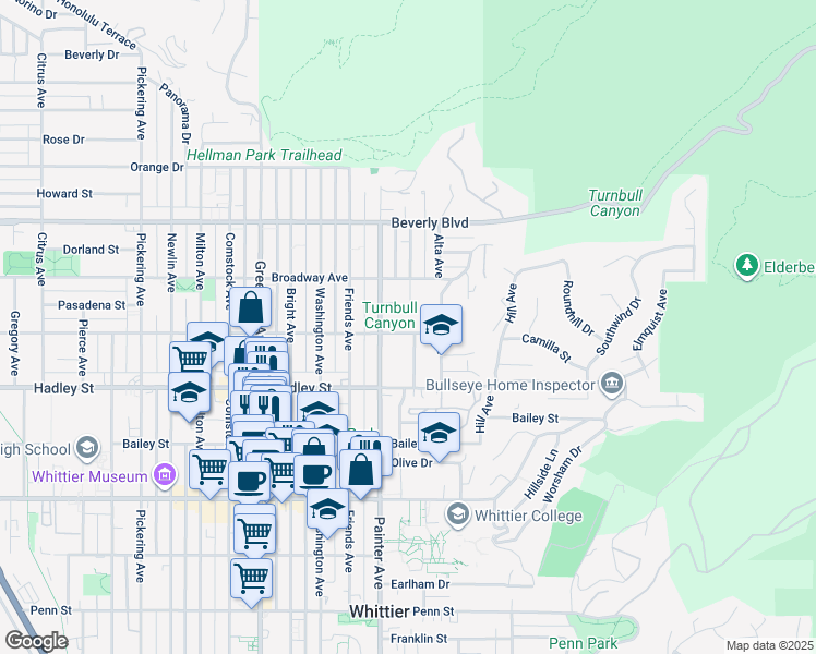 map of restaurants, bars, coffee shops, grocery stores, and more near 13429 Camilla Street in Whittier