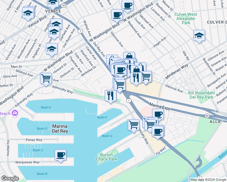 map of restaurants, bars, coffee shops, grocery stores, and more near 13600 Marina Pointe Drive in Marina del Rey