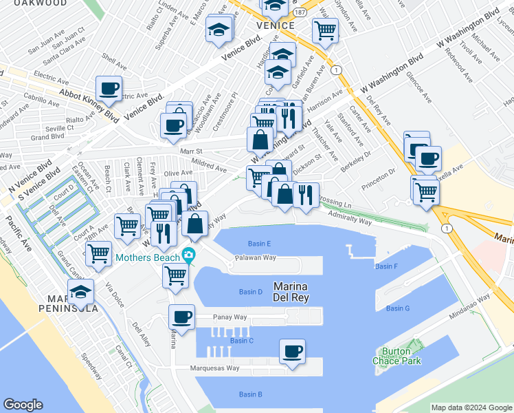 map of restaurants, bars, coffee shops, grocery stores, and more near 4316 Marina City Drive in Marina del Rey
