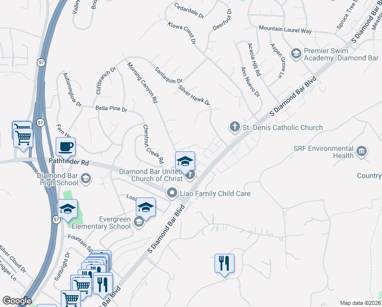 map of restaurants, bars, coffee shops, grocery stores, and more near 21842 Stonepine Drive in Diamond Bar