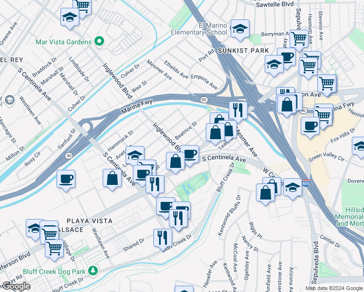 map of restaurants, bars, coffee shops, grocery stores, and more near 5526 Inglewood Boulevard in Culver City