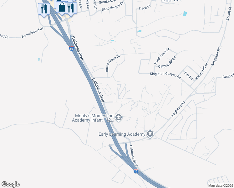 map of restaurants, bars, coffee shops, grocery stores, and more near Chandler Avenue in Calimesa