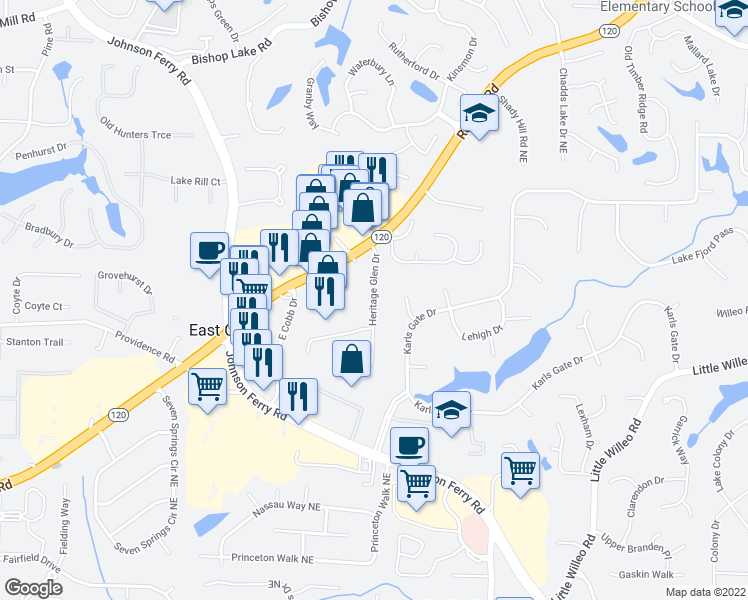 map of restaurants, bars, coffee shops, grocery stores, and more near 1458 Heritage Glen Drive in Marietta