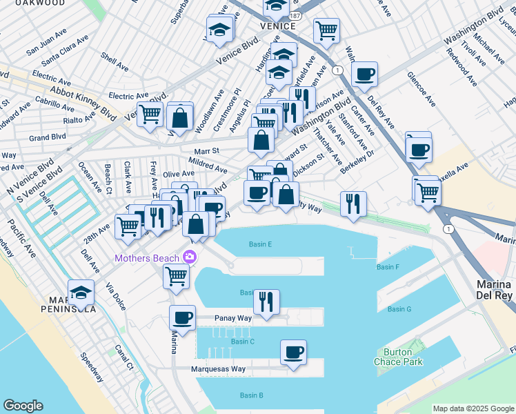 map of restaurants, bars, coffee shops, grocery stores, and more near 4316 Marina City Drive in Marina del Rey