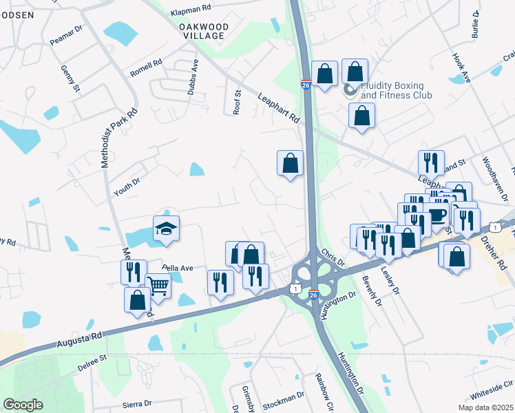map of restaurants, bars, coffee shops, grocery stores, and more near 163 Derby Drive in West Columbia