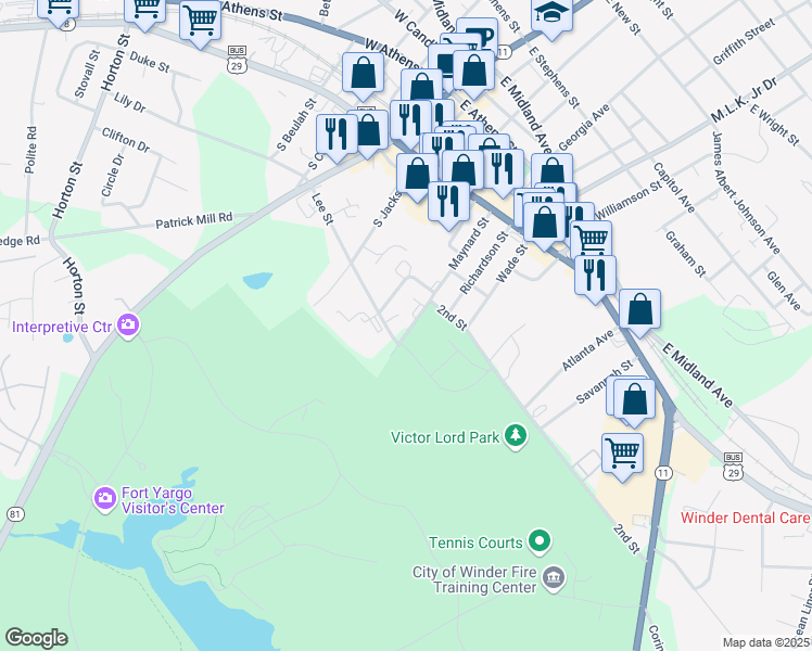 map of restaurants, bars, coffee shops, grocery stores, and more near 75 Maynard Street in Winder