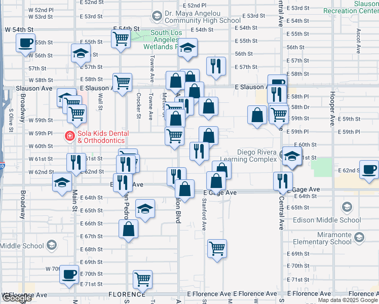map of restaurants, bars, coffee shops, grocery stores, and more near 620 West 61st Street in Los Angeles