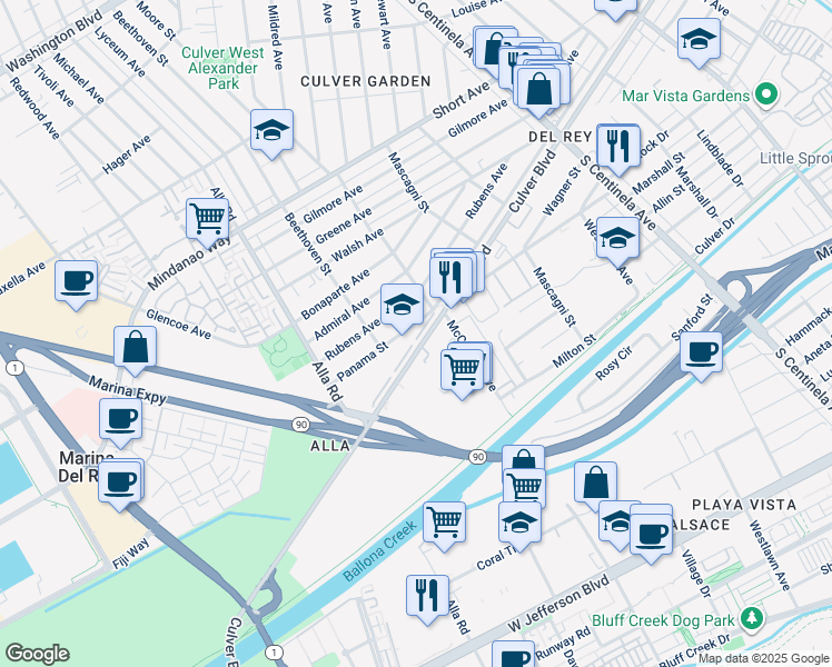 map of restaurants, bars, coffee shops, grocery stores, and more near 12901 Culver Boulevard in Los Angeles