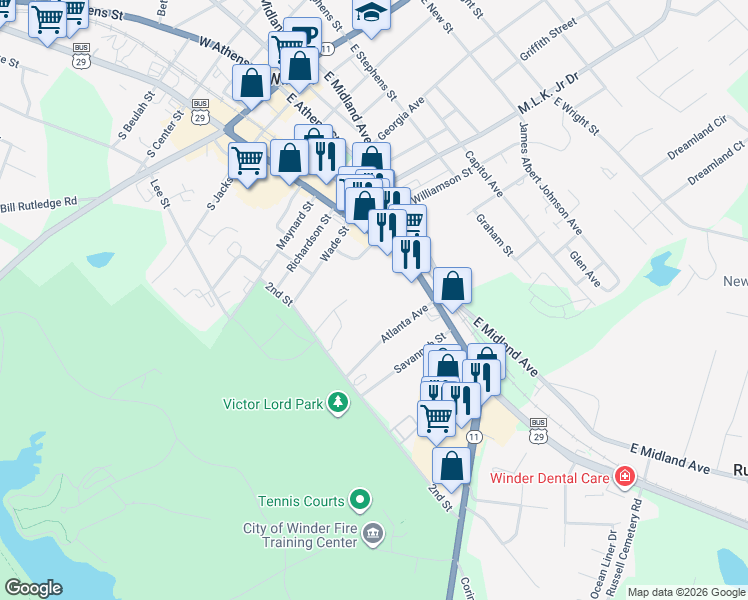 map of restaurants, bars, coffee shops, grocery stores, and more near 37 Atlanta Avenue in Winder