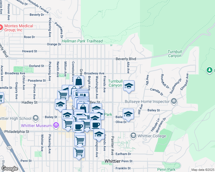 map of restaurants, bars, coffee shops, grocery stores, and more near 6252 Friends Avenue in Whittier