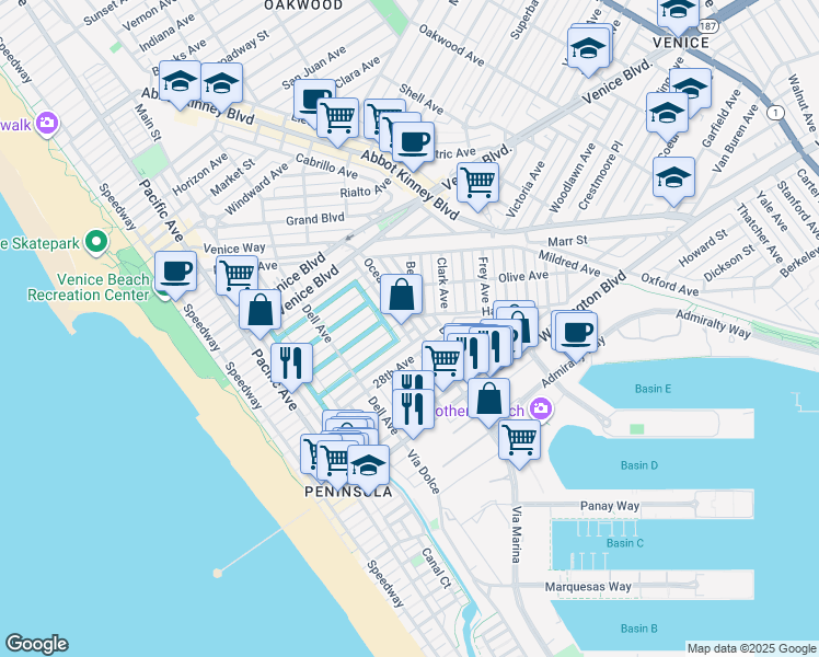 map of restaurants, bars, coffee shops, grocery stores, and more near 2515 Ocean Avenue in Los Angeles