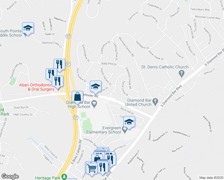 map of restaurants, bars, coffee shops, grocery stores, and more near 2127 Evergreen Springs Drive in Diamond Bar